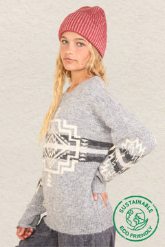 Aztec Graphic Cozy Sweater - Heathered Grey or Oatmeal Colors