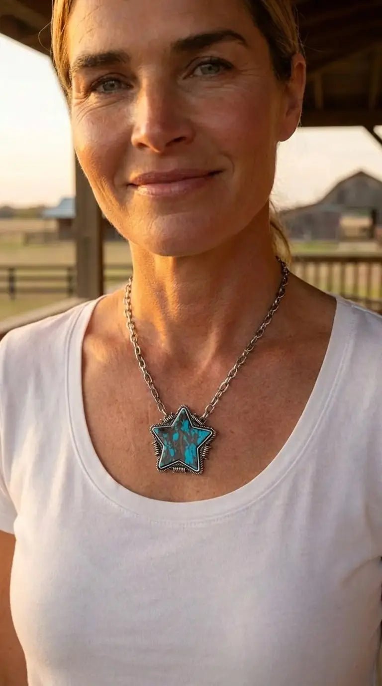 Barbed Star Western Pendant Necklace with Faux Turquoise — 18 Inch with Extender - Cowhide and Conchos