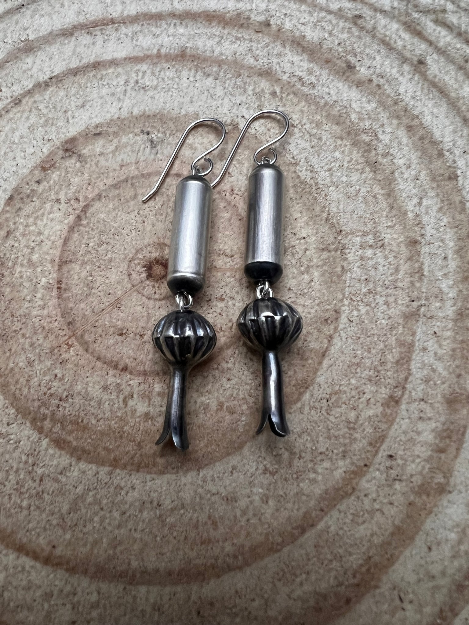 Barrel and Squash Blossom Dangle Earrings by Crystal Hayley - 1 3/4 inch drop - Cowhide and Conchos