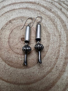 Barrel and Squash Blossom Dangle Earrings by Crystal Hayley - 1 3/4 inch drop - Cowhide and Conchos
