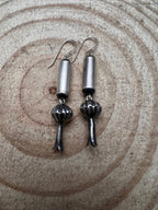 Barrel and Squash Blossom Dangle Earrings by Crystal Hayley - 1 3/4 inch drop - Cowhide and Conchos