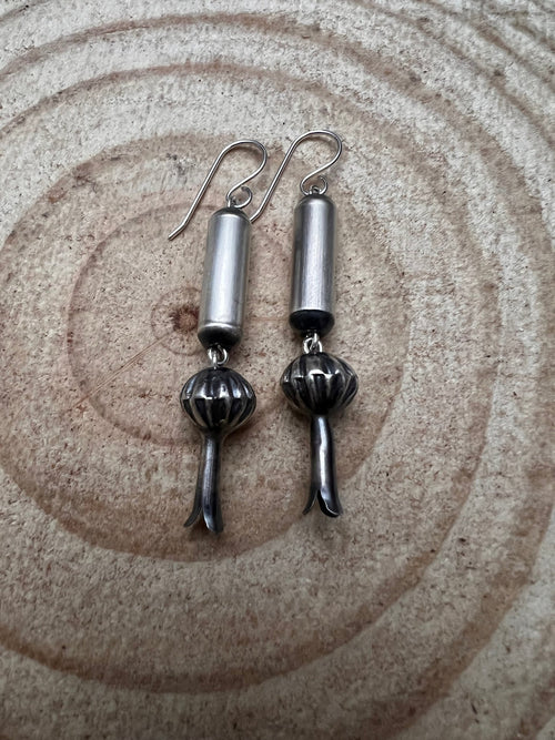 Barrel and Squash Blossom Dangle Earrings by Crystal Hayley - 1 3/4 inch drop - Cowhide and Conchos