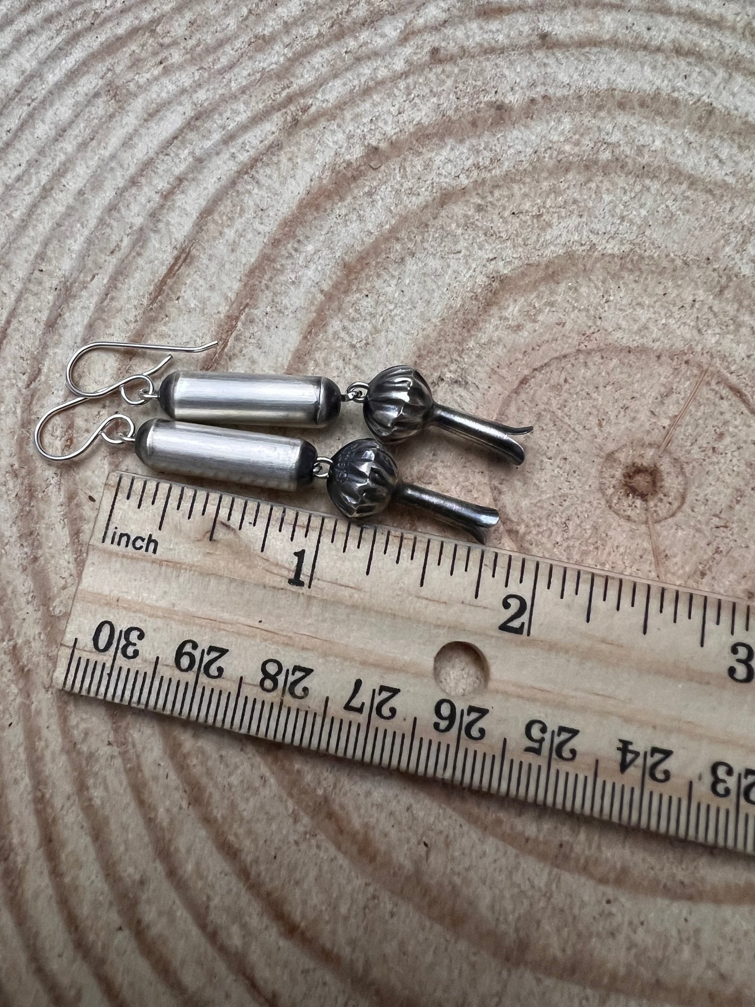 Barrel and Squash Blossom Dangle Earrings by Crystal Hayley - 1 3/4 inch drop - Cowhide and Conchos
