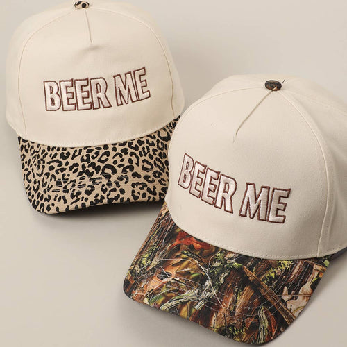 BEER ME Embroidered Trucker Hat - Leopard or Camo - Cowhide and Conchos