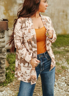 Beige Roaming Buffalo French Terry Cardigan - Cowhide and Conchos