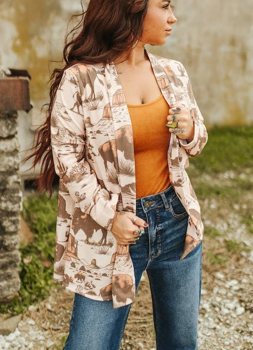 Beige Roaming Buffalo French Terry Cardigan - Cowhide and Conchos