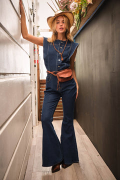 Bell Bottom Denim Jumpsuit by Blue B - size small available - Cowhide and Conchos