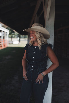 Bell Bottom Denim Jumpsuit by Blue B - size small available - Cowhide and Conchos