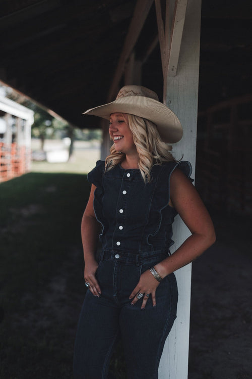 Bell Bottom Denim Jumpsuit by Blue B - size small available - Cowhide and Conchos