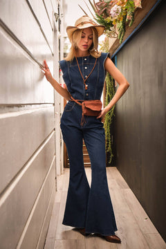 Bell Bottom Denim Jumpsuit by Blue B - size small available - Cowhide and Conchos