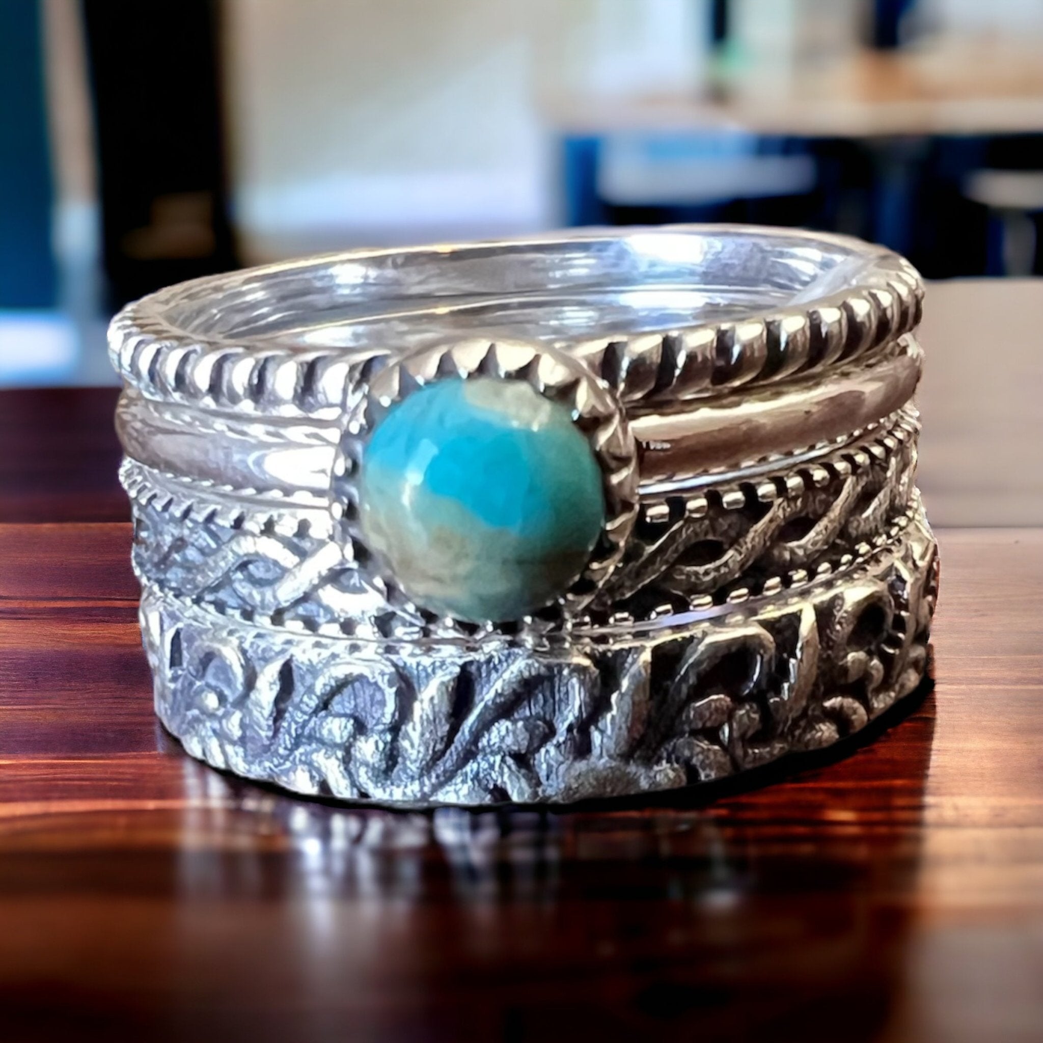 Betty Kingman Sterling Stacker Rings - Set of 4 Sterling Rings - Size 7 - Cowhide and Conchos