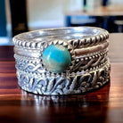 Betty Kingman Sterling Stacker Rings - Set of 4 Sterling Rings - Size 7 - Cowhide and Conchos