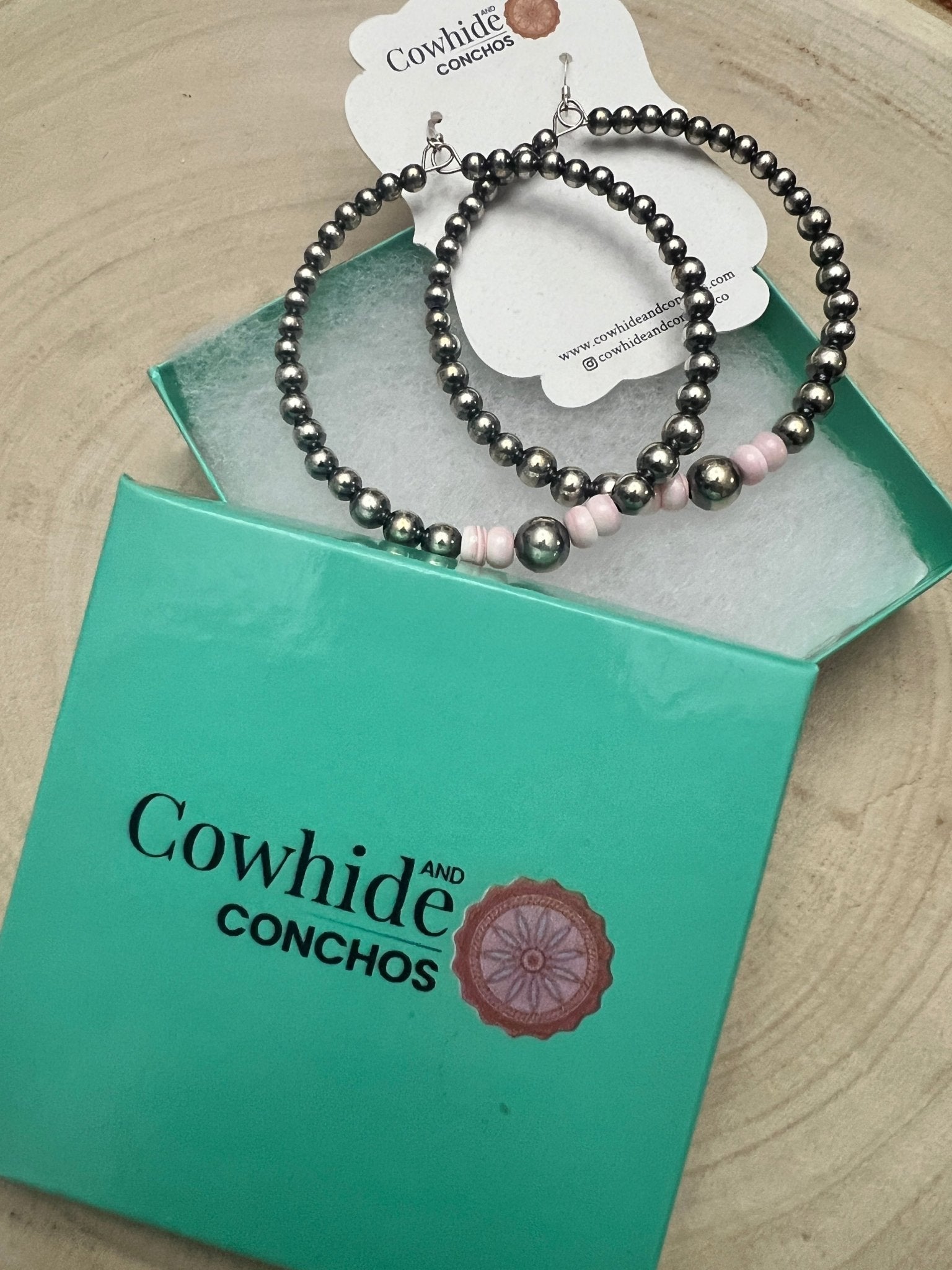 Big Sterling Pearl Hoops with Pink Conch — 2" × 1/2" Graduated 4-5-6-8mm (Handmade in Texas) - Cowhide and Conchos