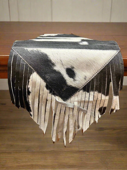 Black and White Cowhide Table Runner with Fringe - Cowhide and Conchos