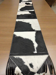 Black and White Cowhide Table Runner with Fringe - Cowhide and Conchos