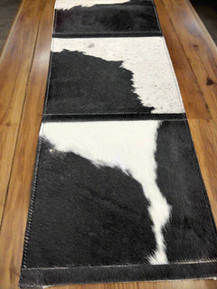 Black and White Cowhide Table Runner with Fringe - Cowhide and Conchos