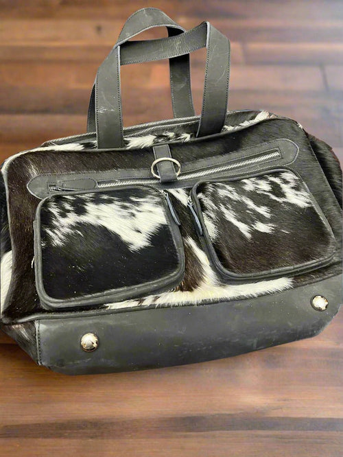 Black and White Hair on Hide Crossbody Diaper Bag - Cowhide and Conchos