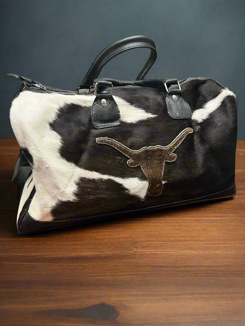 Black and White Longhorn Cowhide Duffle Bag - Cowhide and Conchos