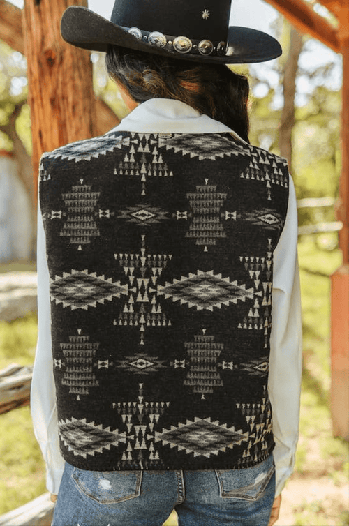 Black Aztec Wool Blend Concho Button Vest - Cowhide and Conchos