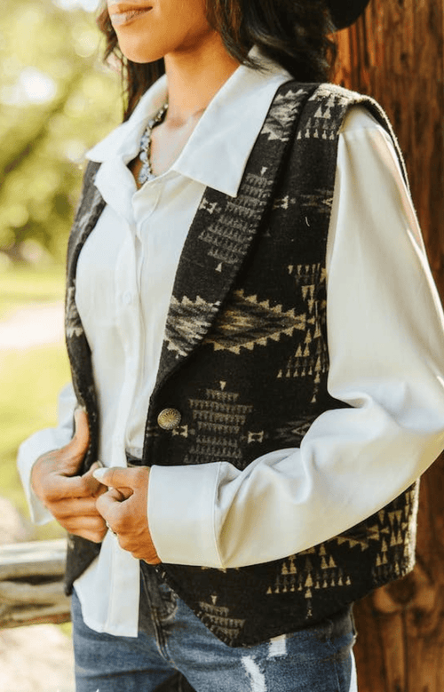 Black Aztec Wool Blend Concho Button Vest - Cowhide and Conchos