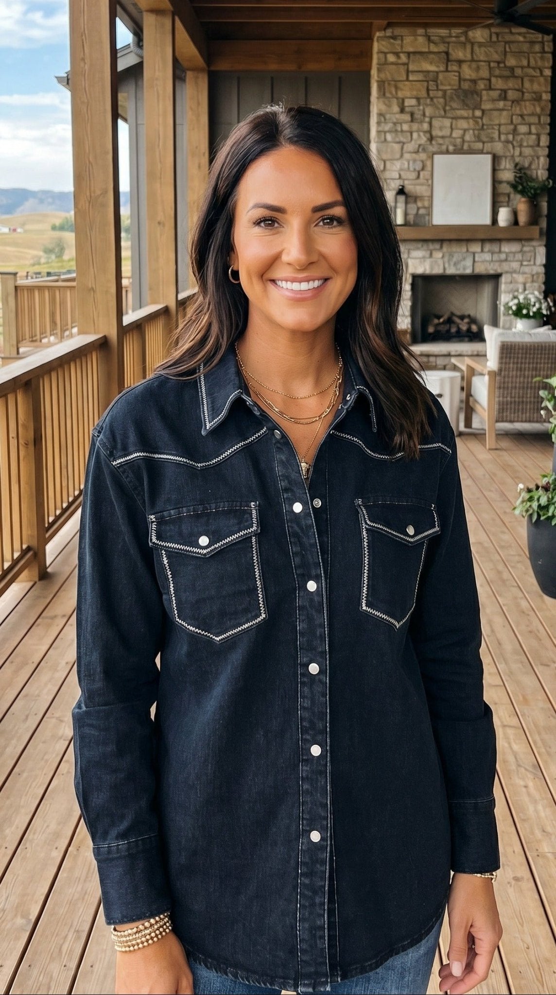Black Contrast Stitching Pearl Snap Button Down Denim Western Shirt - Cowhide and Conchos