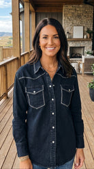 Black Contrast Stitching Pearl Snap Button Down Denim Western Shirt - Cowhide and Conchos