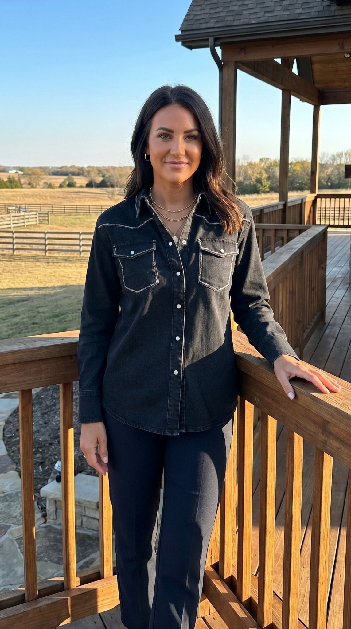 Black Contrast Stitching Pearl Snap Button Down Denim Western Shirt - Cowhide and Conchos