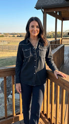 Black Contrast Stitching Pearl Snap Button Down Denim Western Shirt - Cowhide and Conchos