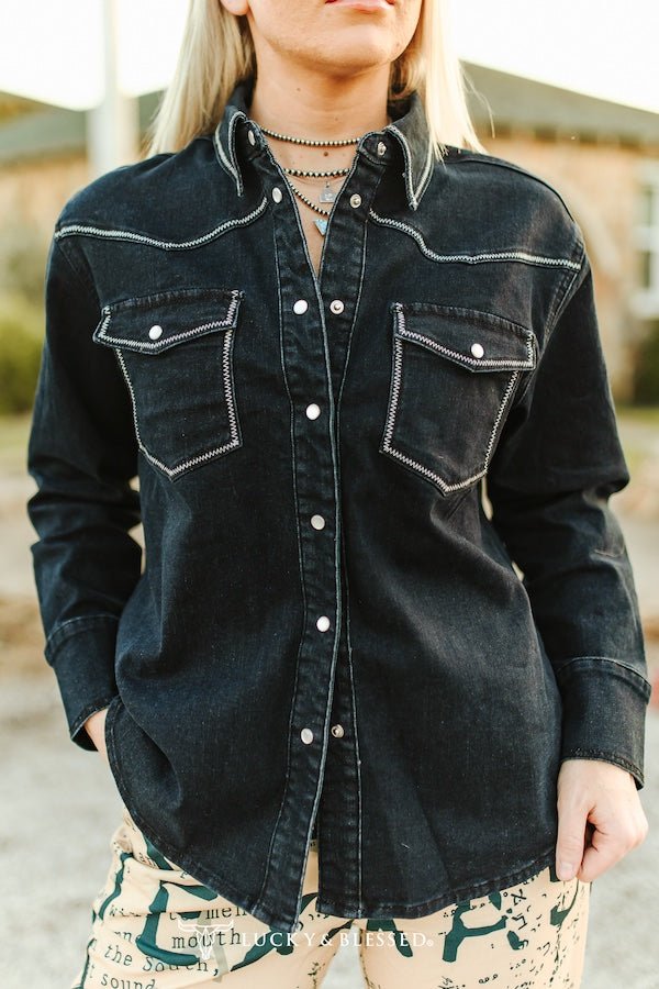 Black Contrast Stitching Pearl Snap Button Down Denim Western Shirt - Cowhide and Conchos