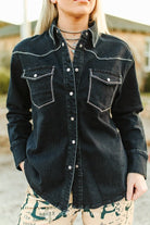 Black Contrast Stitching Pearl Snap Button Down Denim Western Shirt - Cowhide and Conchos