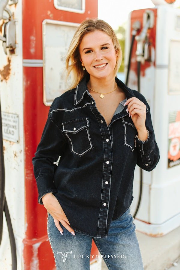 Black Contrast Stitching Pearl Snap Button Down Denim Western Shirt - Cowhide and Conchos