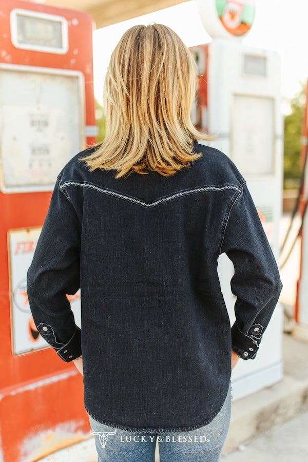 Black Contrast Stitching Pearl Snap Button Down Denim Western Shirt - Cowhide and Conchos