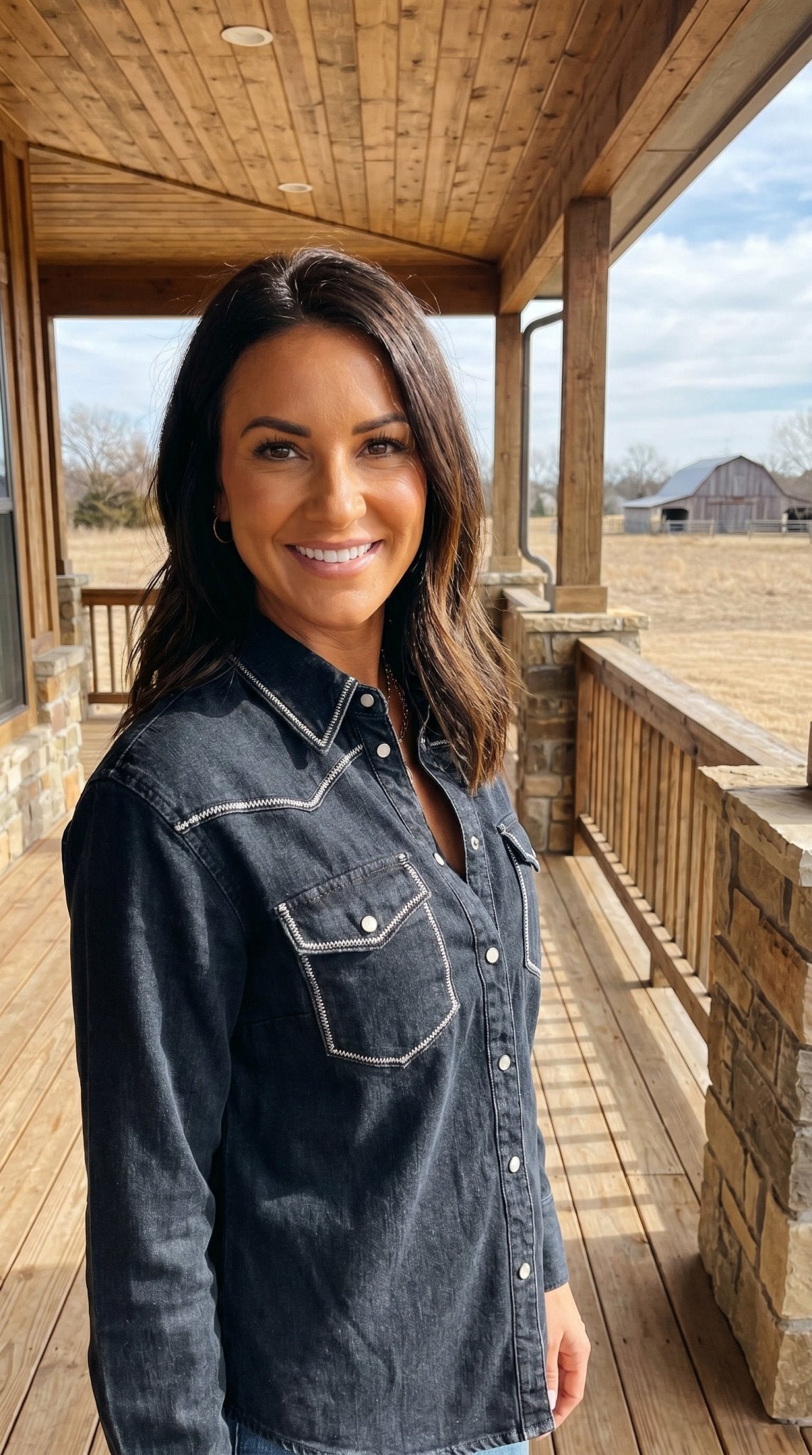 Black Contrast Stitching Pearl Snap Button Down Denim Western Shirt - Cowhide and Conchos