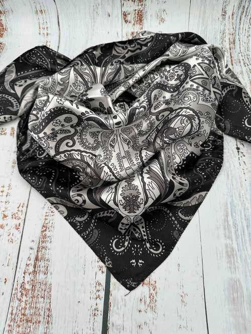 Black & Gray Cascading Paisley Wild Rag - Cowhide and Conchos