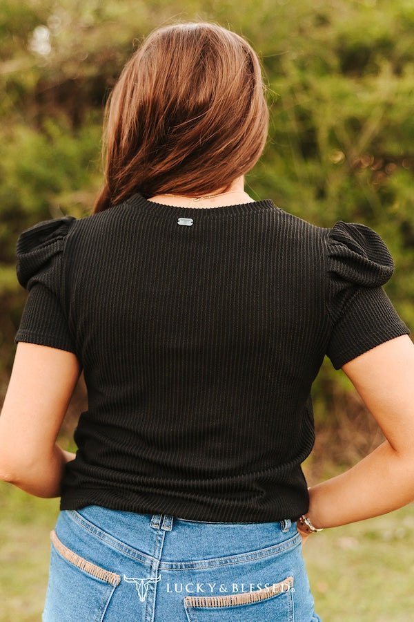 Black Puff Short Sleeve Top - Cowhide and Conchos