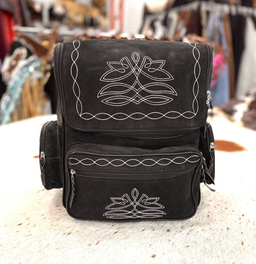 Black Suede leather Boot Stitch Backpack - Cowhide and Conchos