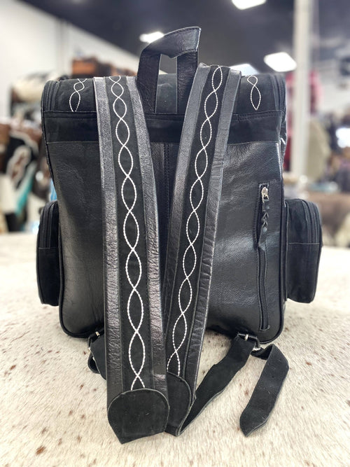 Black Suede leather Boot Stitch Backpack - Cowhide and Conchos