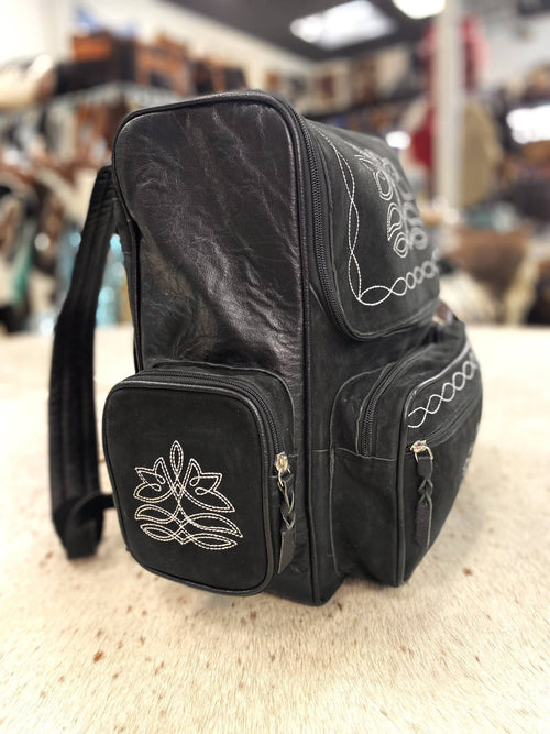 Black Suede leather Boot Stitch Backpack - Cowhide and Conchos