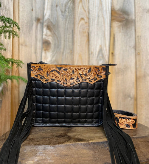 Black Tooled Fringe Crossbody   - Cowhide and Conchos