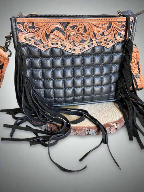 Black Tooled Fringe Crossbody   - Cowhide and Conchos