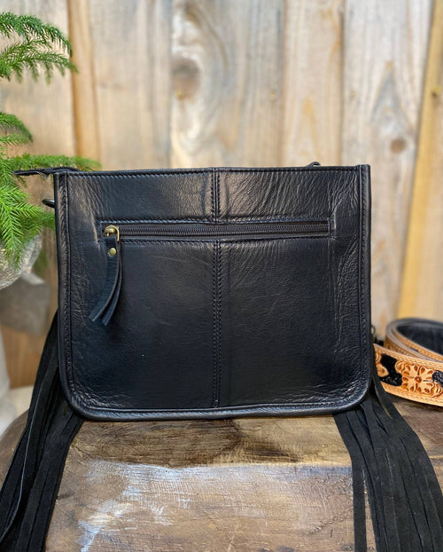 Black Tooled Fringe Crossbody   - Cowhide and Conchos