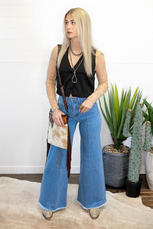Black V - Neck Button Vest - Cowhide and Conchos