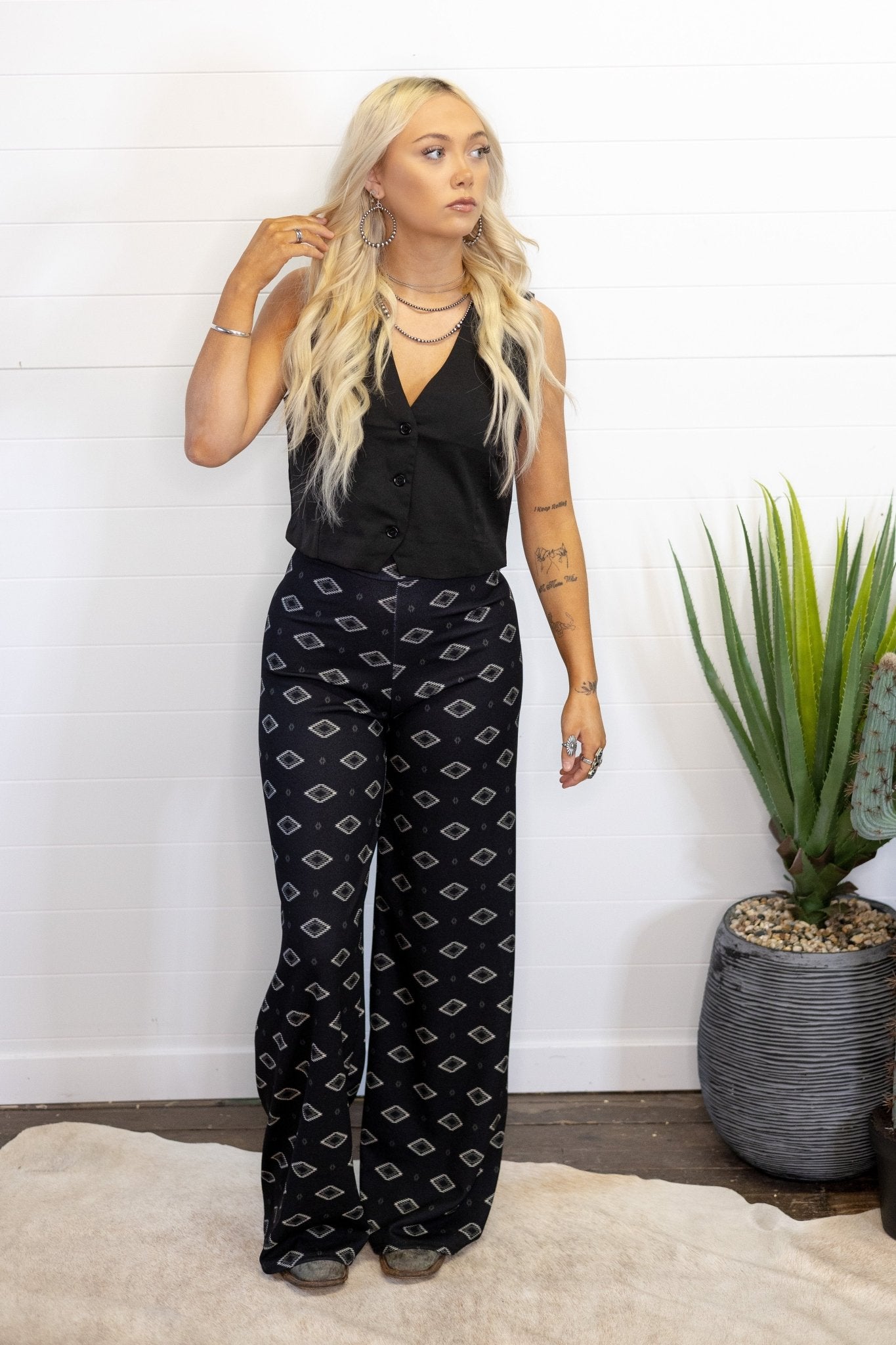 Black V - Neck Button Vest - Cowhide and Conchos