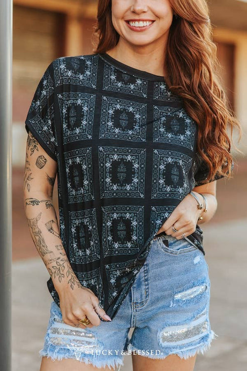 Black Western Bandanna Cuffed Rolled Short Sleeve Top - Cowhide and Conchos