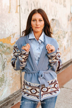 Blue Grey Aztec Knit Sweater Cardigan W Side Pockets - Cowhide and Conchos