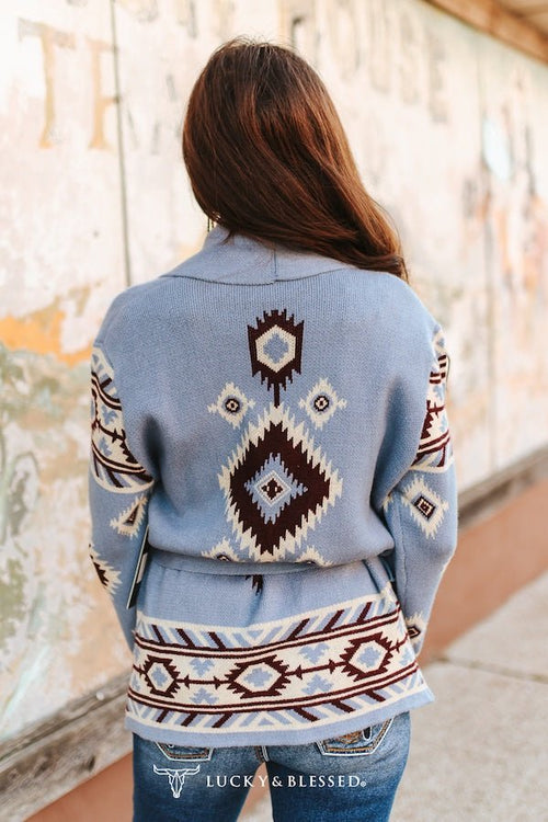 Blue Grey Aztec Knit Sweater Cardigan W Side Pockets - Cowhide and Conchos