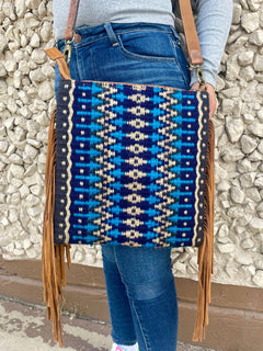 Blue Lake Saddle Blanket Crossbody with Suede Fringe - Cowhide and Conchos