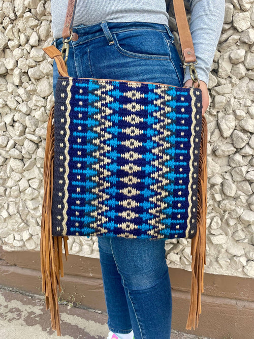 Blue Lake Saddle Blanket Crossbody with Suede Fringe - Cowhide and Conchos