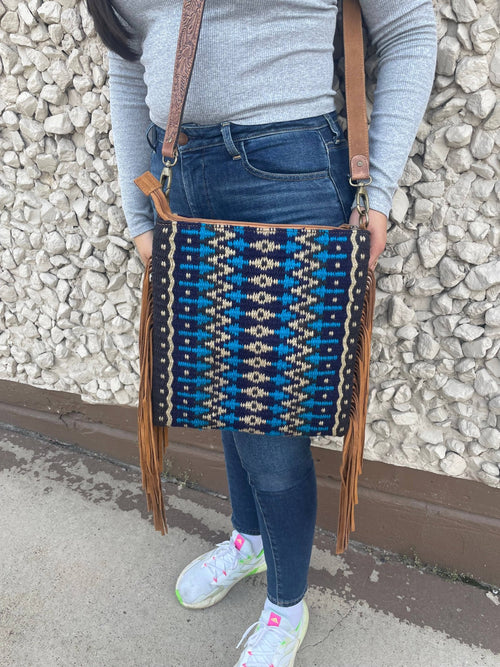 Blue Lake Saddle Blanket Crossbody with Suede Fringe - Cowhide and Conchos