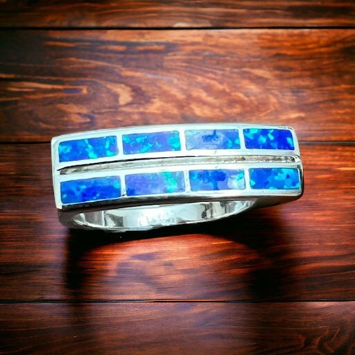 Blue Opalite Inlay Ring on Sterling Silver - Size 10 - Cowhide and Conchos